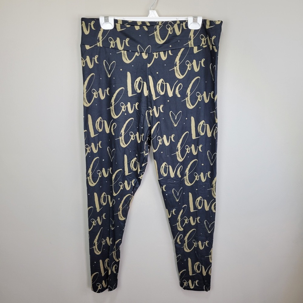 Dren Designs Black And Gold Love Poly Spandex Ankle Leggings Curvy Plus‎ Size
